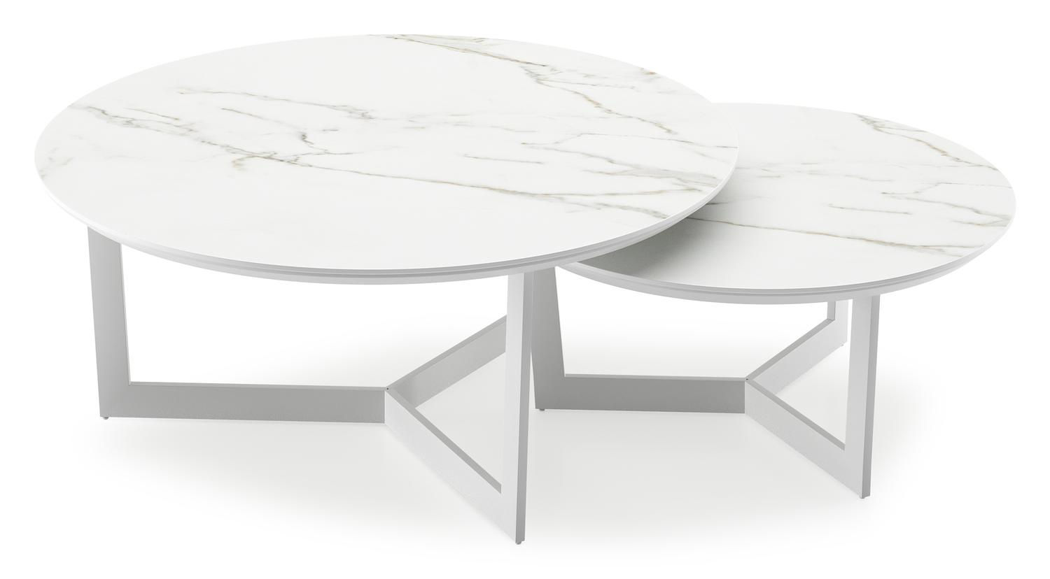 Tables basse Lacrima en aluminium blanc et céramique pleine calacatta - Dia. 85/65 x H 35/30 cm