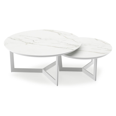 Lacrima loungetafels in wit aluminium en calacatta volkeramiek - Dia. 85/65 x H 35/30 cm