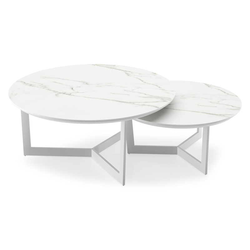 Lacrima loungetafels in wit aluminium en calacatta volkeramiek - Dia. 85/65 x H 35/30 cm