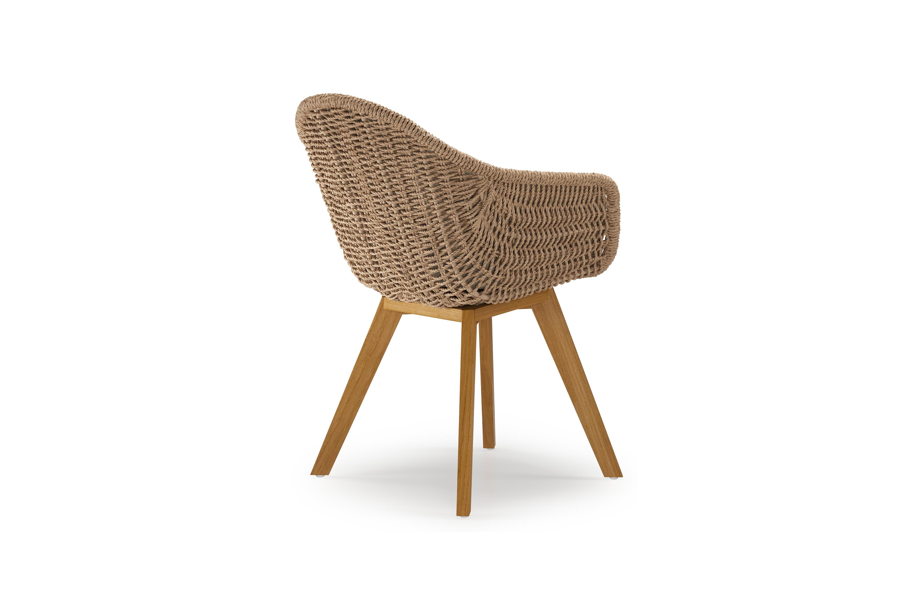 Pagino tuinstoel in teak en naturel ronde wicker met kussen in madagascar oak all weather cosytica