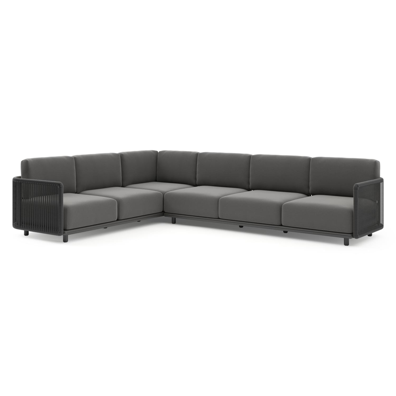 Organo loungehoek in zwart aluminium en zwart verticaal geweven luxe vlakke rope met natte charcoal chine all weather Sunbrella® luxe kussen