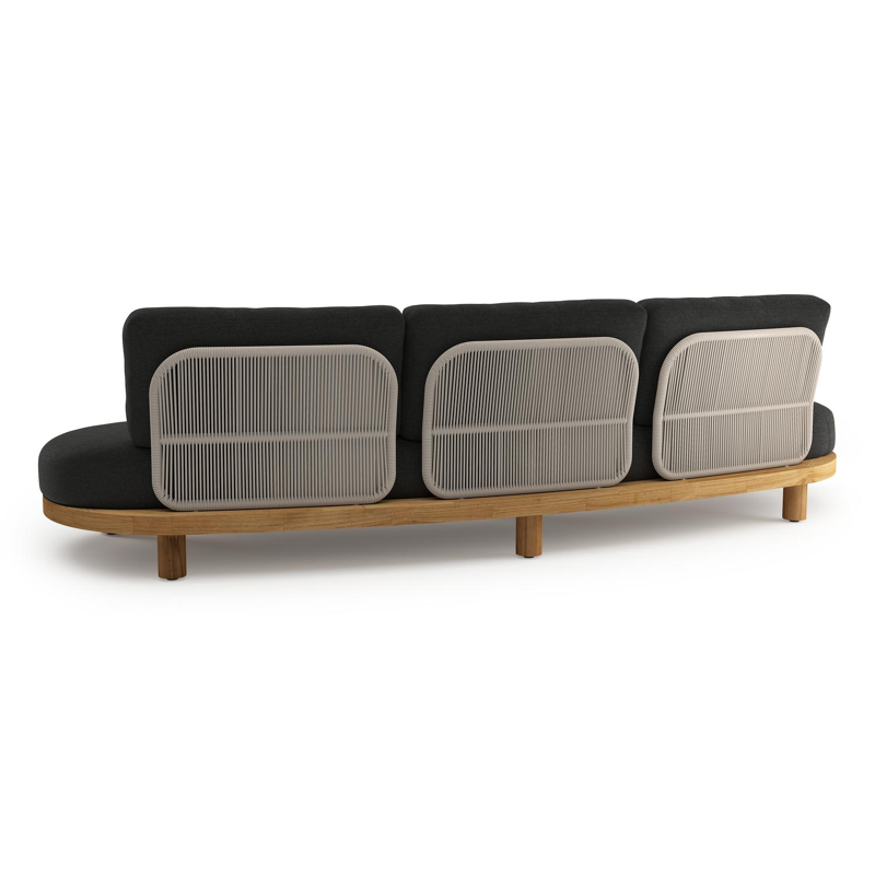 Donato loungebank in teak en beige verticaal geweven ronde rope met all weather sunbrella® luxe Chartres Sooty kussen