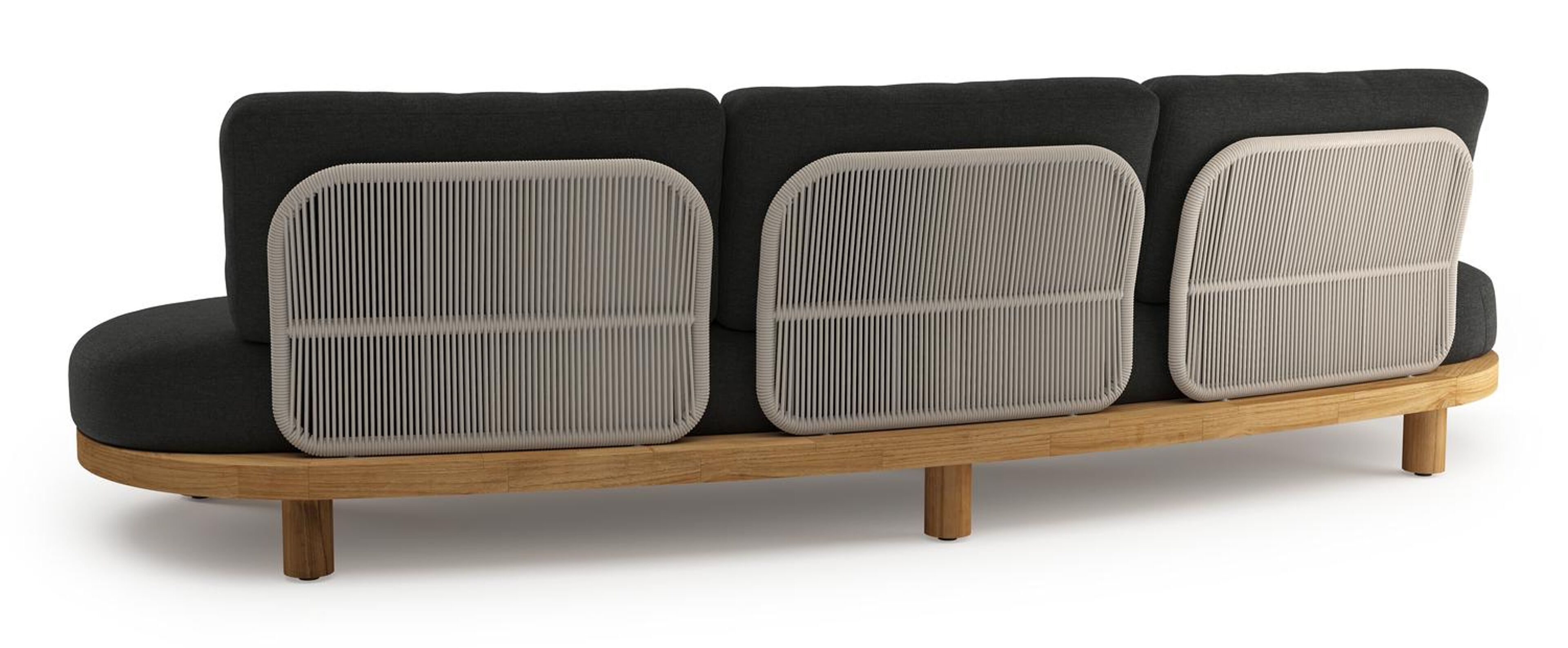 Donato loungebank in teak en beige verticaal geweven ronde rope met all weather sunbrella® luxe Chartres Sooty kussen