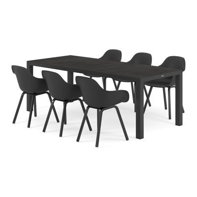 Varese tuinset in zwart aluminium en zwart volkeramiek tafelblad met 6 Puglia tuinstoelen
