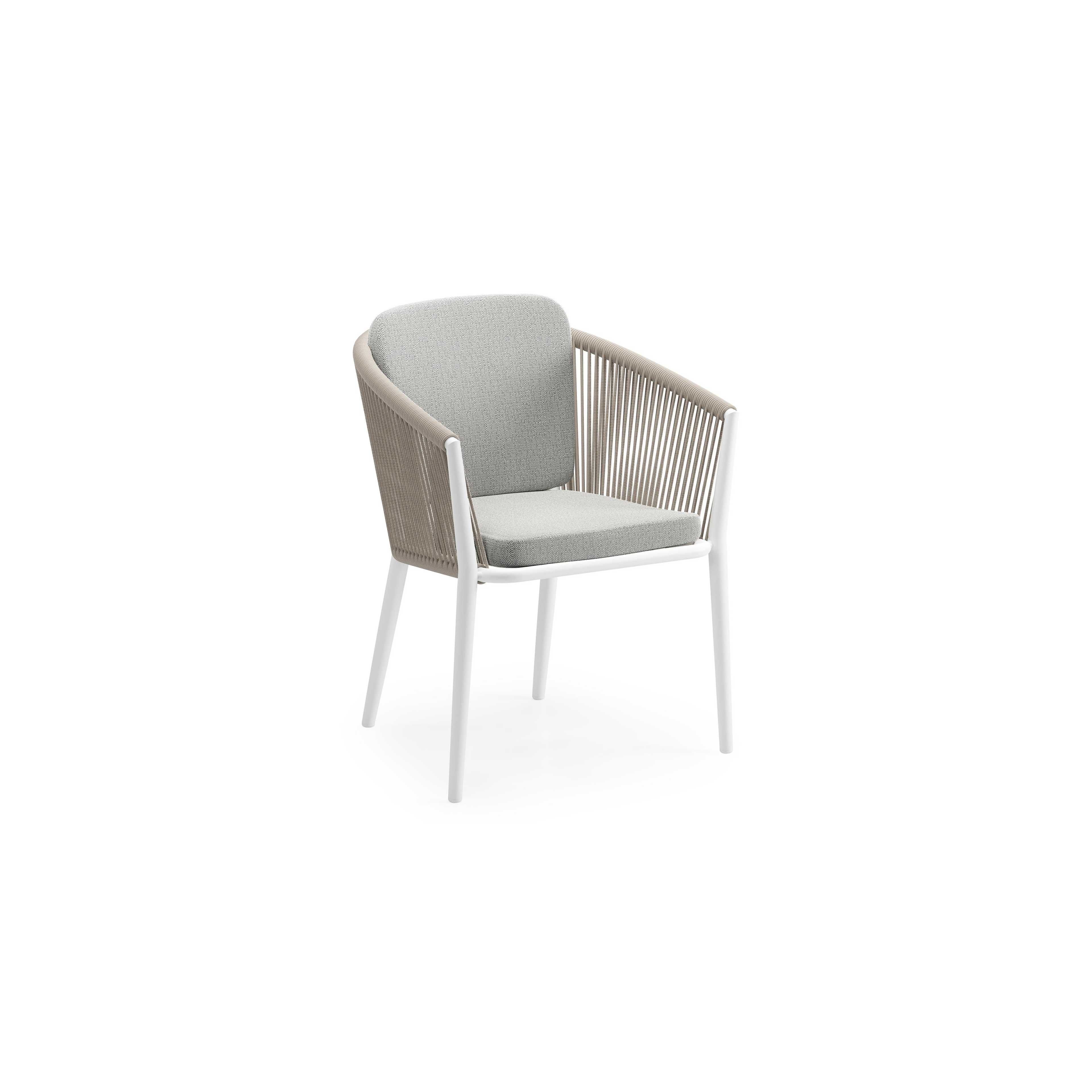 Orso tuinstoel in wit aluminium en beige verticaal geweven ronde rope met kussen in savane nimbus all weather sunbrella® luxe