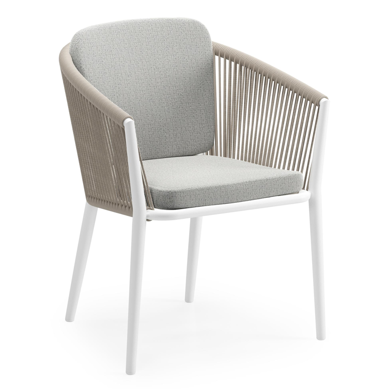 Orso tuinstoel in wit aluminium en beige verticaal geweven ronde rope met kussen in savane nimbus all weather sunbrella® luxe