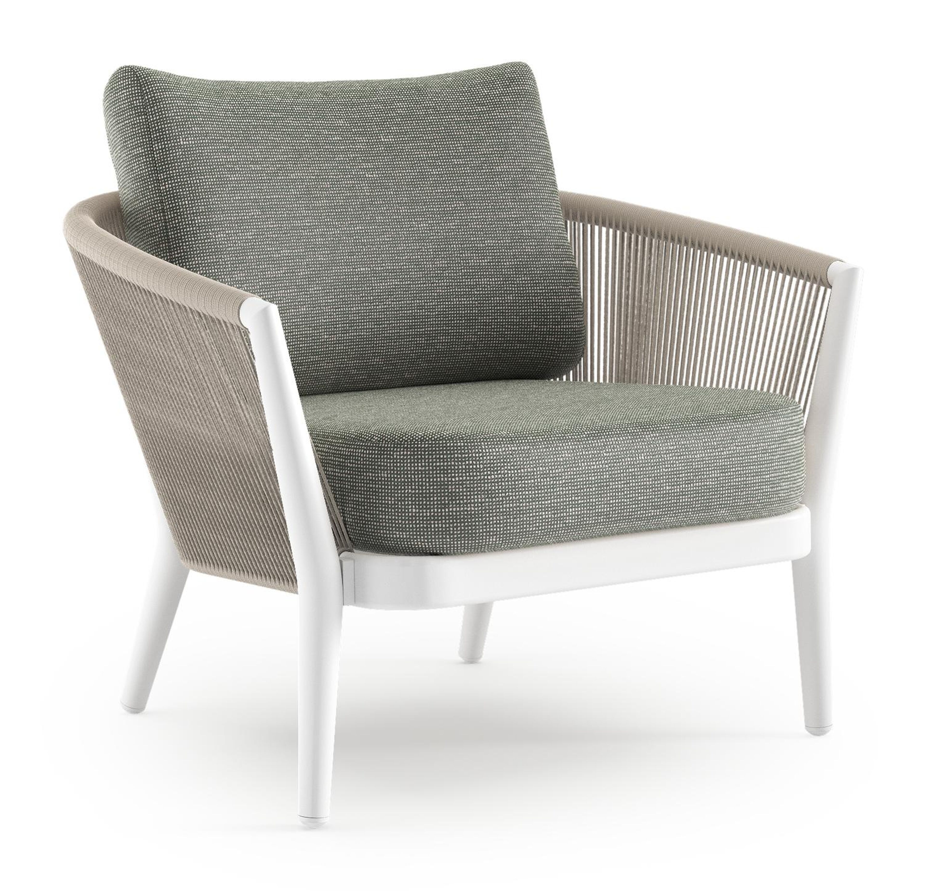 Orso loungestoel in wit aluminium en beige verticaal geweven ronde rope met Slow Fern all weather sunbrella® luxe kussen