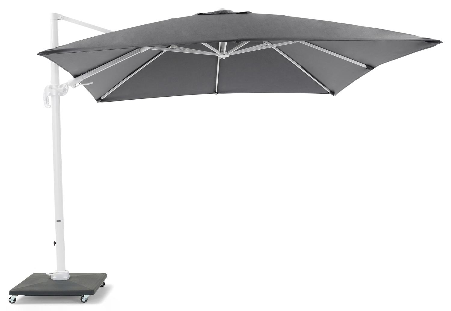 Avola zweefparasol met tiltfunctie in wit aluminium met grijs weather+ softtouch parasoldoek - L1 300 x L2 300 cm (met voet)