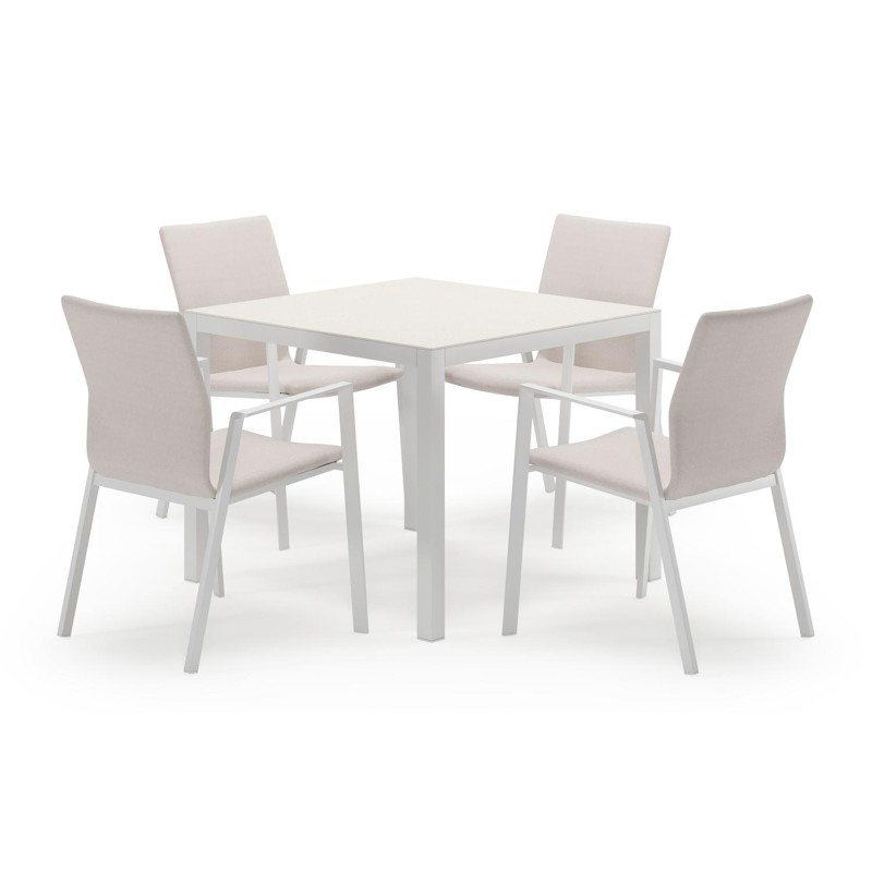 Feltro vierkante tuinset in wit aluminium en sintered stone crema minerale met 4 Madura tuinstoelen