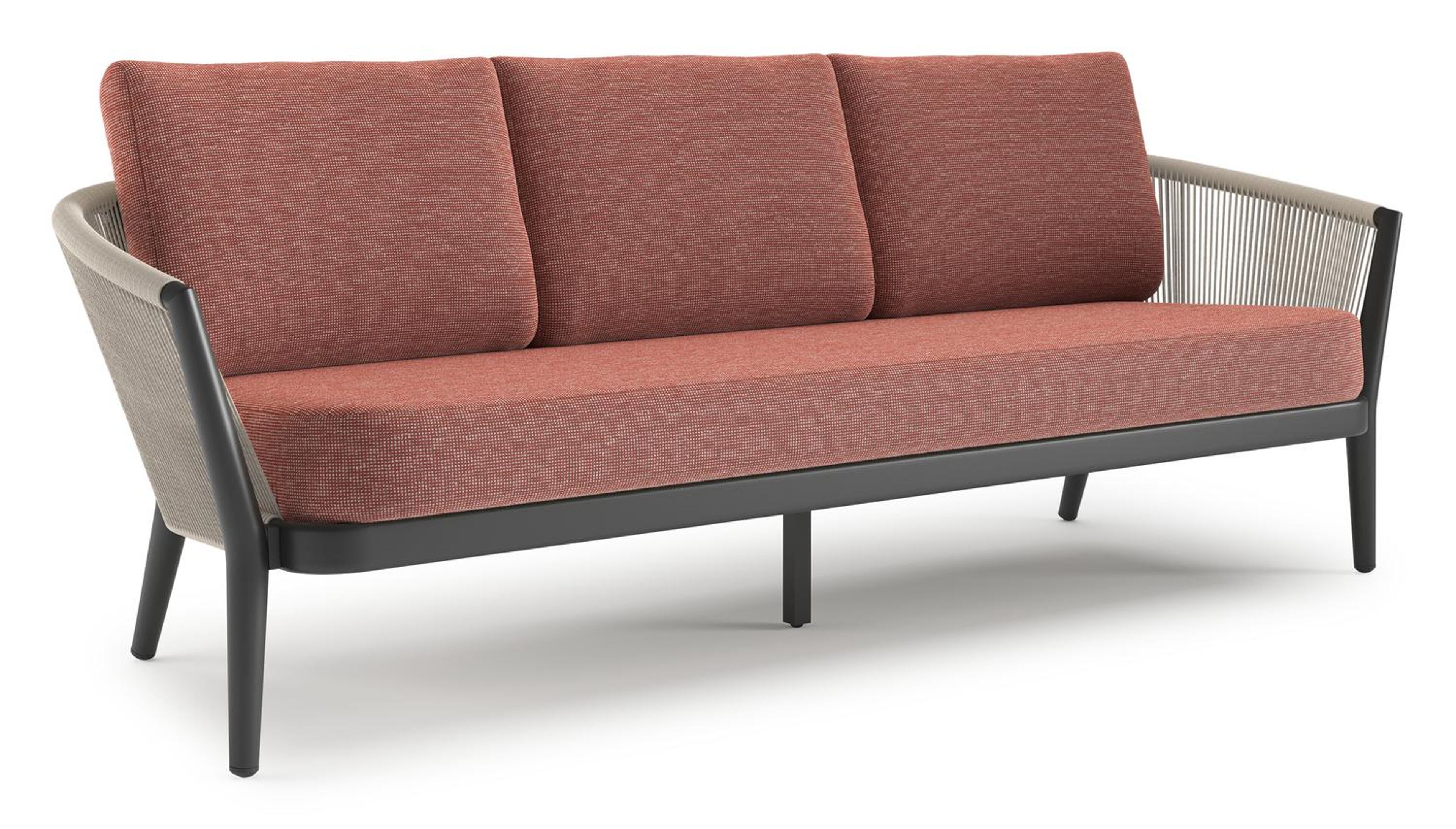 Orso loungebank in zwart aluminium en beige verticaal geweven ronde rope met Slow Alezan all weather sunbrella® luxe kussen