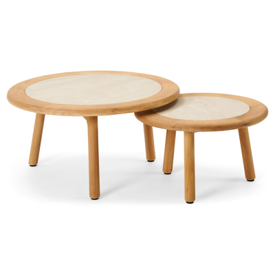 Gardo loungetafels in teak en beige volkeramiek - Dia. 80/60 x H 36,5/30,5 cm