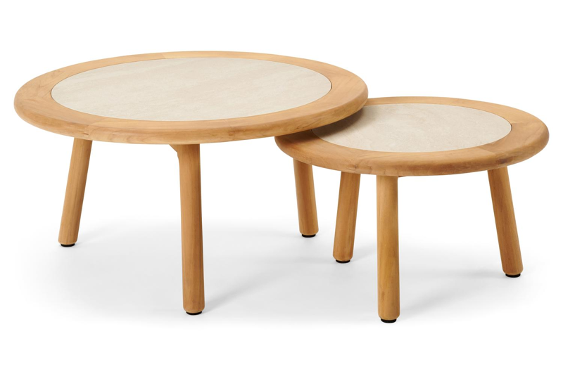 Tables basses Gardo en teck et céramique pleine beige - Diam. 80/60 x Haut. 36,5/30,5 cm