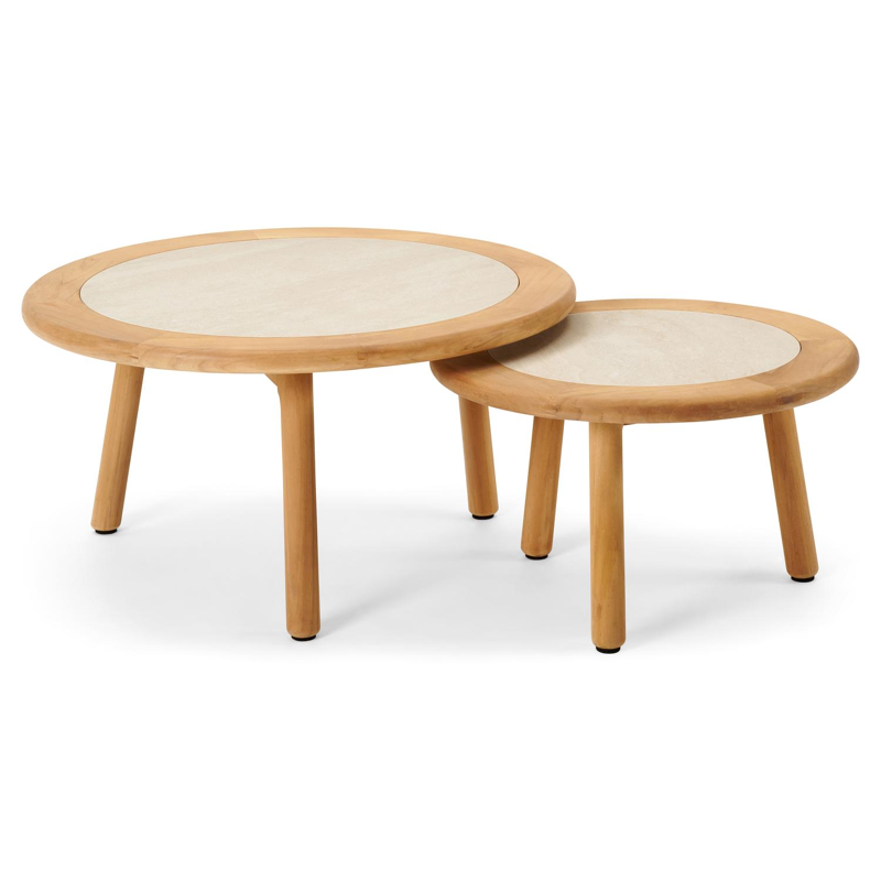 Gardo loungetafels in teak en beige volkeramiek - Dia. 80/60 x H 36,5/30,5 cm