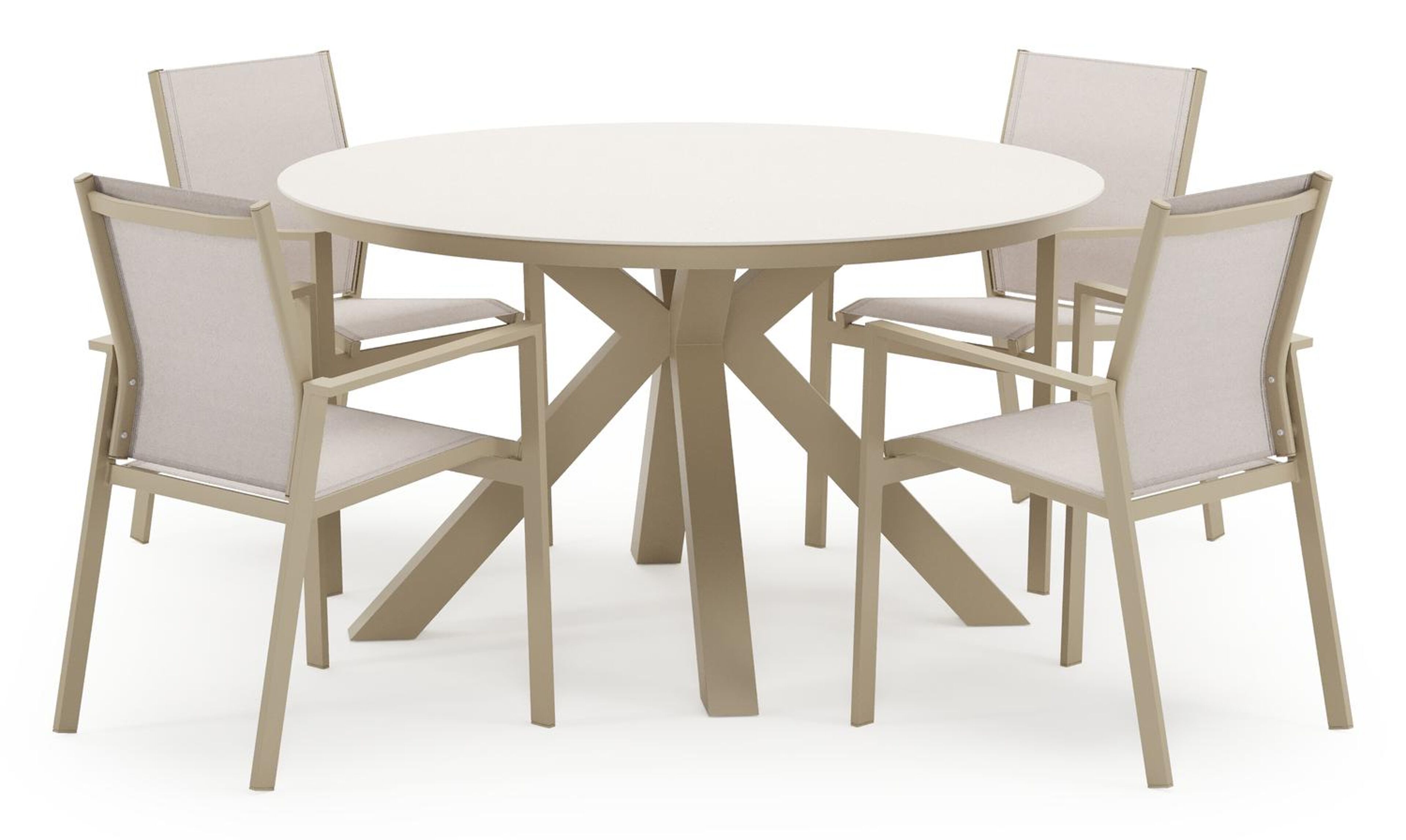 Tora tuinset in beige aluminium en beige sintered stone met 4 stapelbare Bahia tuinstoelen