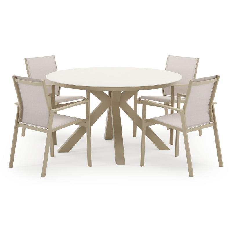 Tora tuinset in beige aluminium en beige sintered stone met 4 stapelbare Bahia tuinstoelen