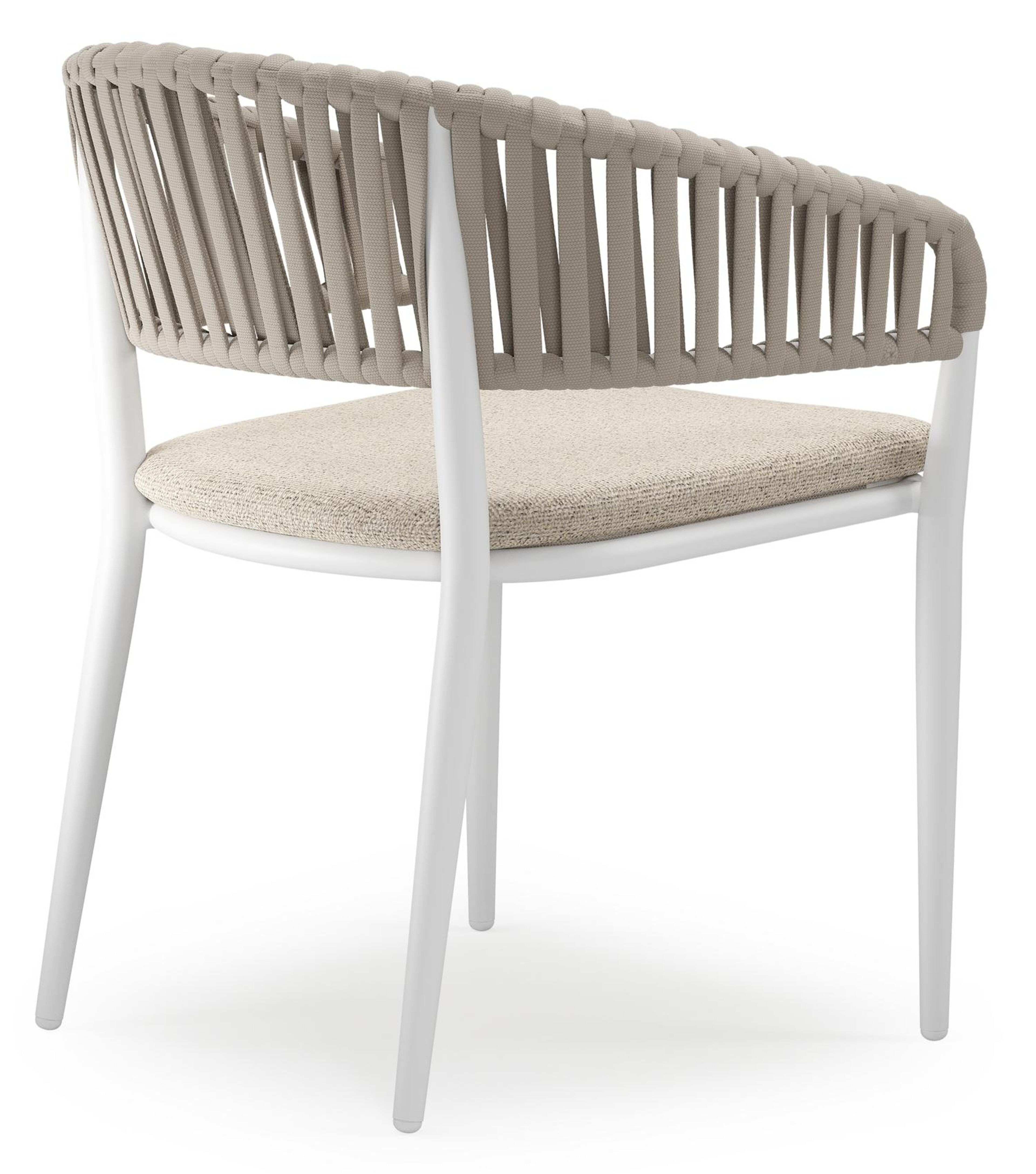Tolfa stapelbare tuinstoel in wit aluminium en beige verticaal geweven luxe vlakke brede rope met stoelkussen in All Weather Cosytica Marbella Beige