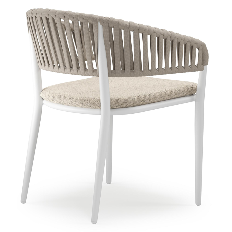 Tolfa stapelbare tuinstoel in wit aluminium en beige verticaal geweven luxe vlakke brede rope met stoelkussen in All Weather Cosytica Marbella Beige