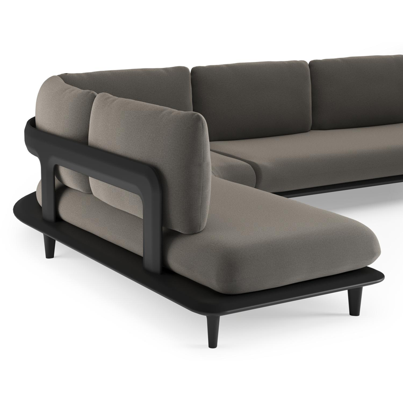 Bomero loungehoek in zwart aluminium met natte dark taupe all weather sunbrella® luxe kussen