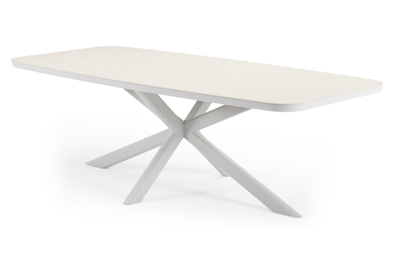 Pamplona bootvormige tuinset in wit aluminium en sintered stone crema minerale met 6 Matera tuinstoelen