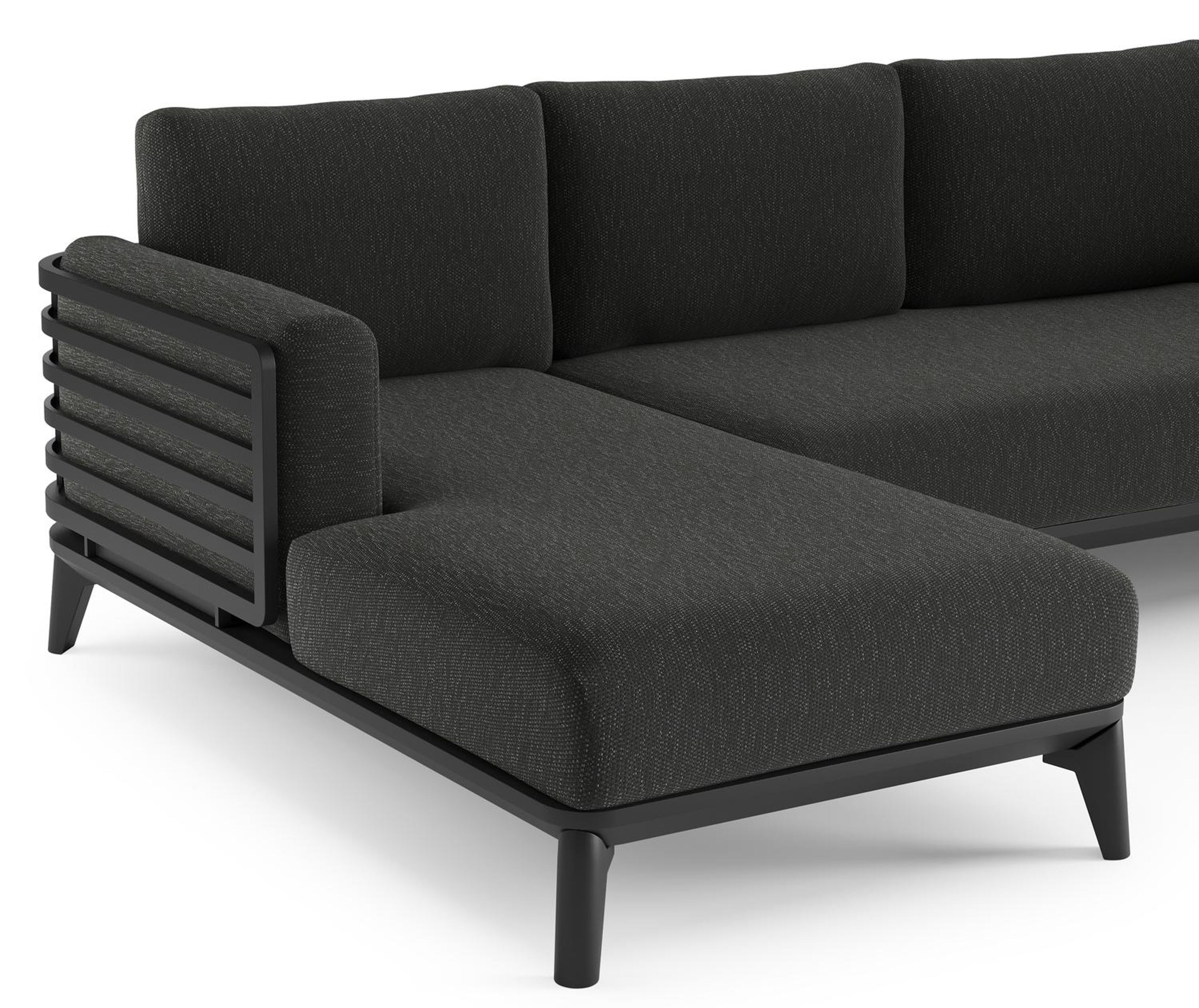 Salon de jardin d'angle Mosa en aluminium noir et coussins en weather+ softtouch sky black et table basse