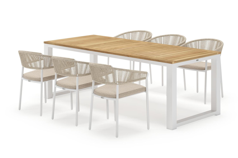 Livo rechthoekige tuinset in wit aluminium en teak natural finish met 6 Zamora tuinstoelen