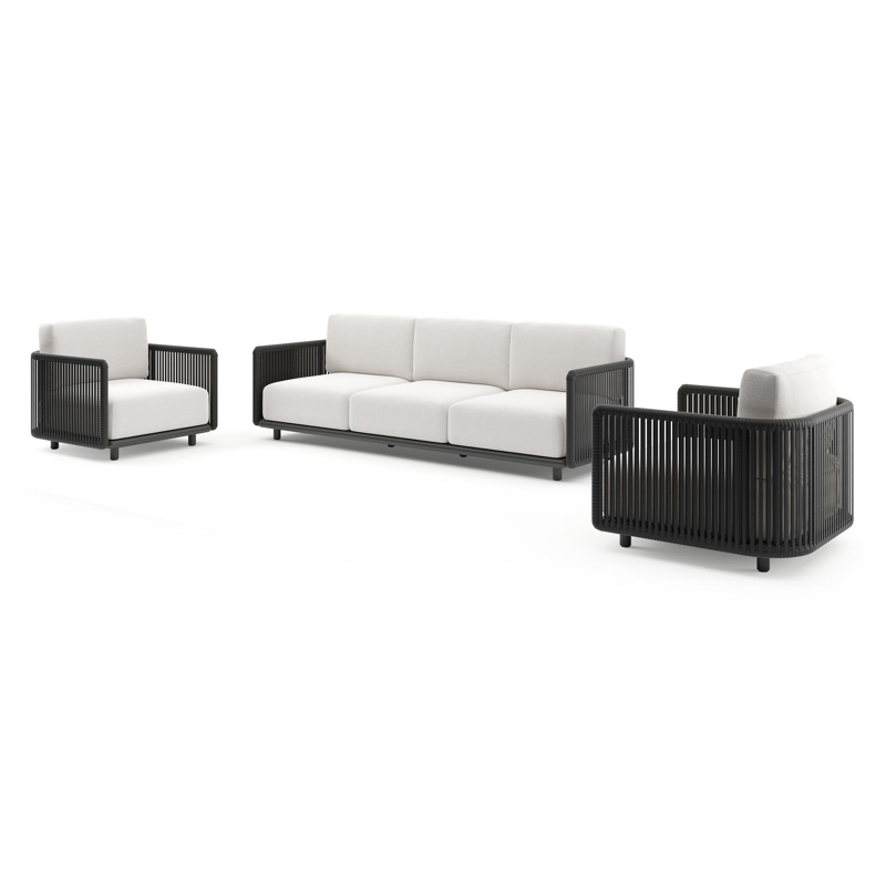 Salon de jardin Organo en aluminium noir et corde luxe plate tissée verticalement noir et coussin en all weather Solica soul optik