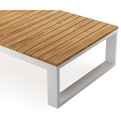 Table basse Verato en aluminium blanc et teck naturel - Lg 163 x larg. 88 x H 41 cm