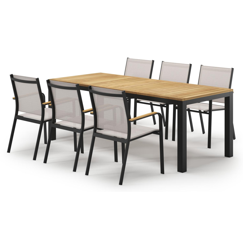 Varese tuinset in zwart aluminium en teak met 6 Amalfi tuinstoelen