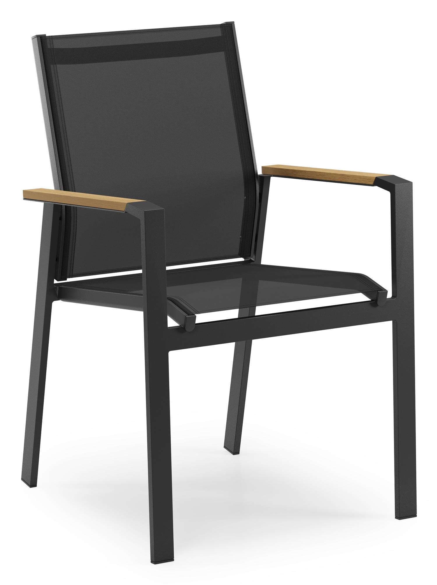 Bahia tuinstoel in zwart aluminium en zwart textilene en polywood armleuning