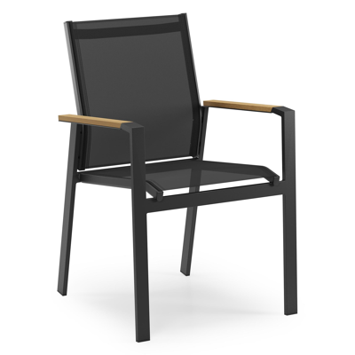 Bahia tuinstoel in zwart aluminium en zwart textilene en polywood armleuning