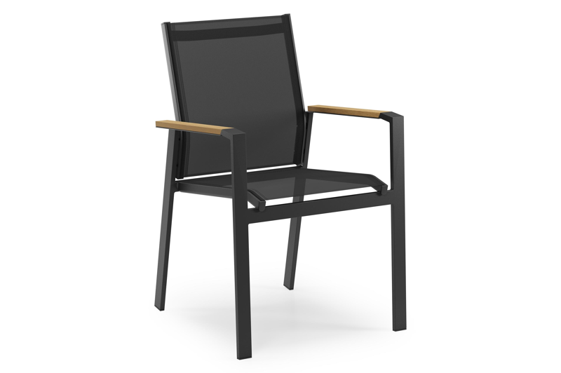 Bahia tuinstoel in zwart aluminium en zwart textilene en polywood armleuning