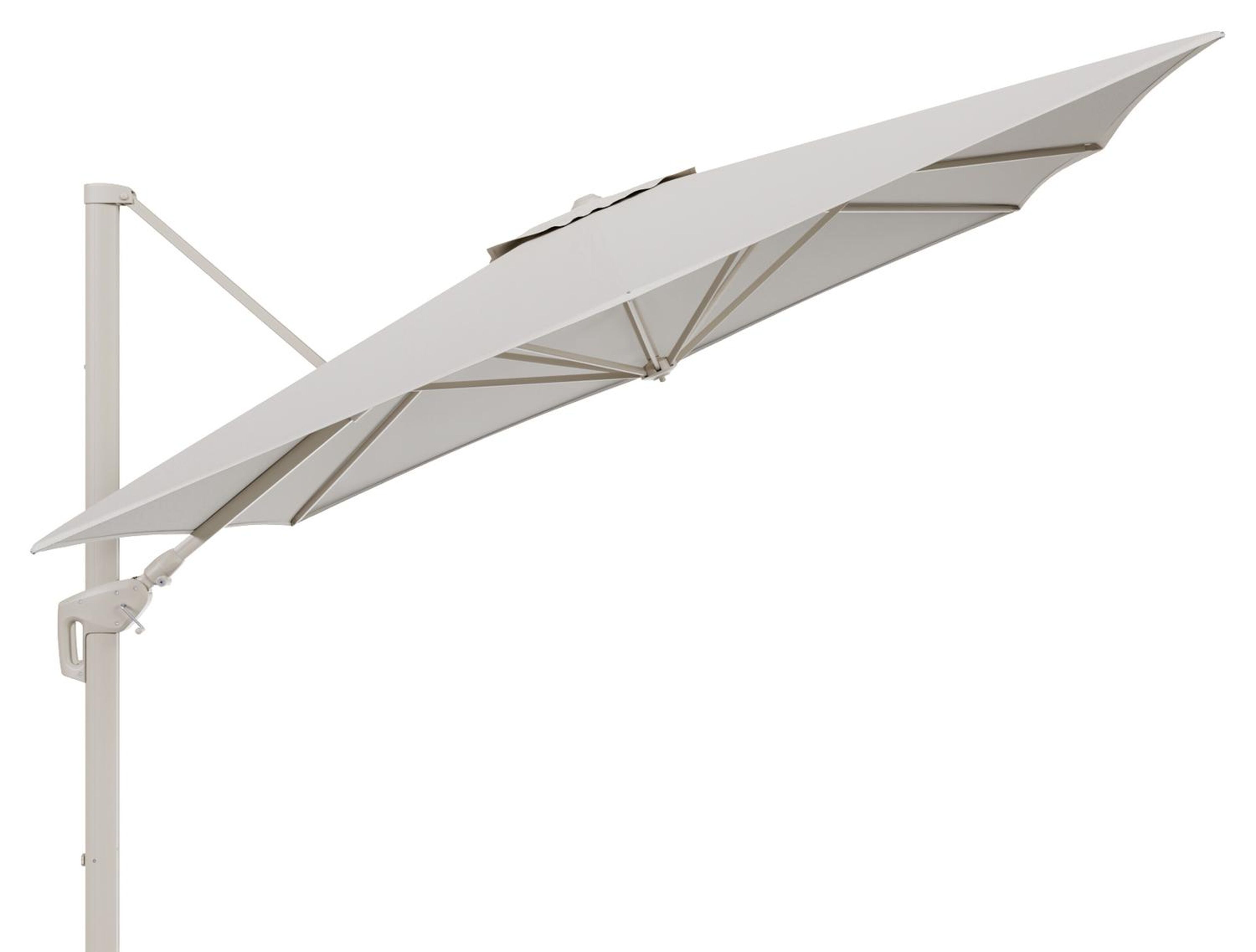 Parasol pendant Minore avec fonction tilt en aluminium beige et toile de parasol All Weather Sunbrella® Luxe Lopi Marble - Lg.1: 350 x Lg.2: 350 cm (sans pied de parasol