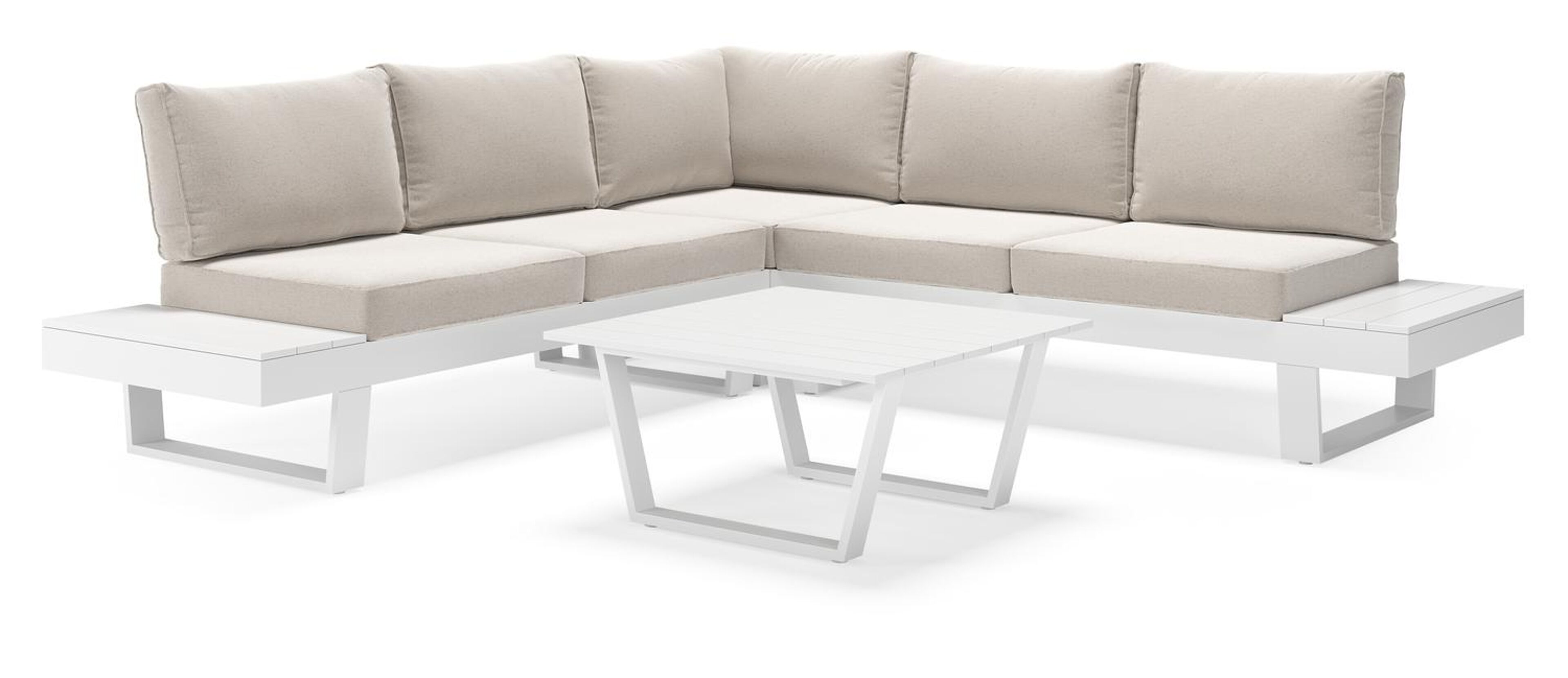 Alora loungehoek in wit aluminium met beige Weather+ Softtouch kussen en loungetafel