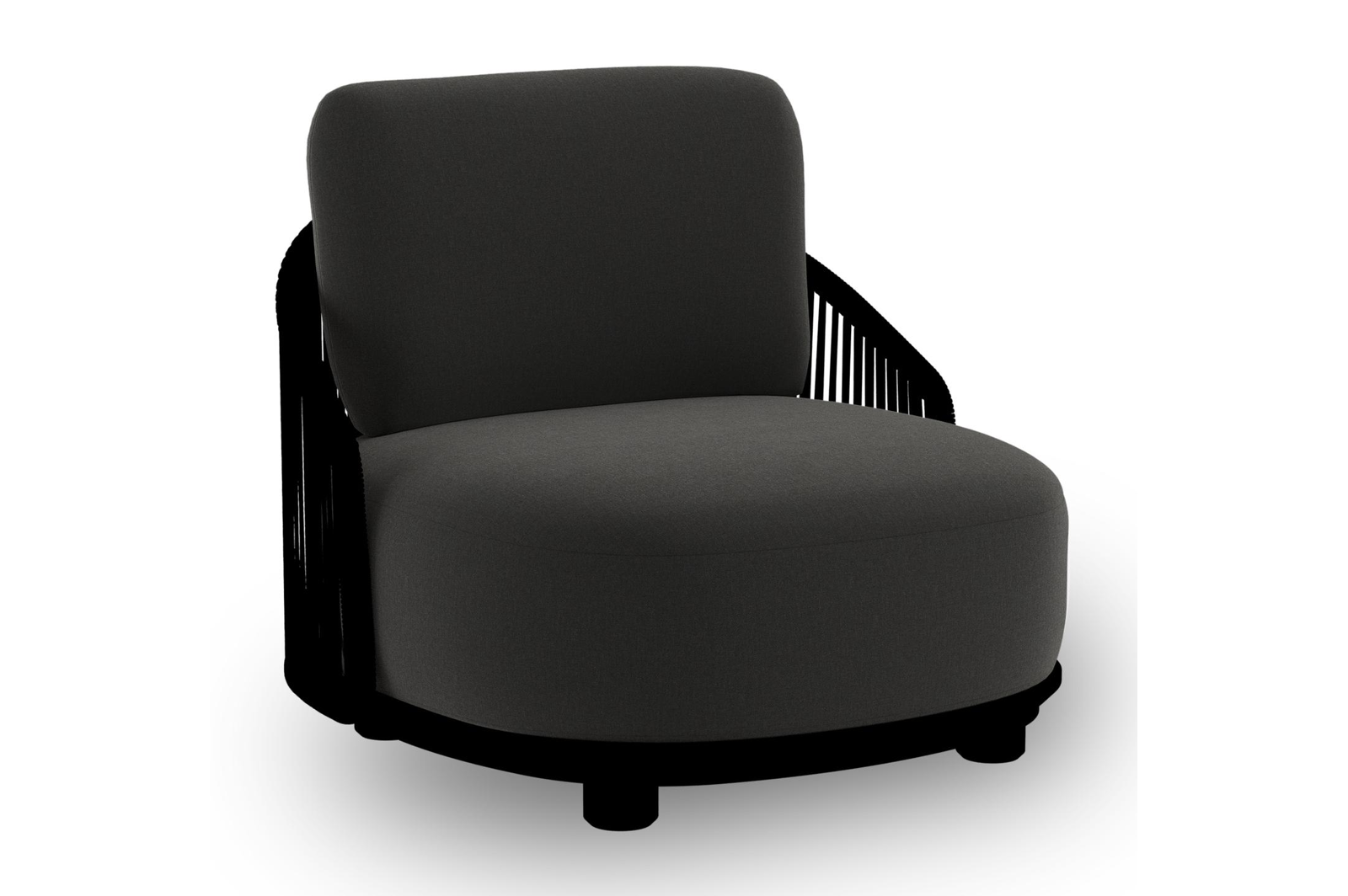 Fauteuil de jardin Vadelo en aluminium noir et corde ronde tissée verticalement noir et coussins en all weather sunbrella® luxe natte sooty
