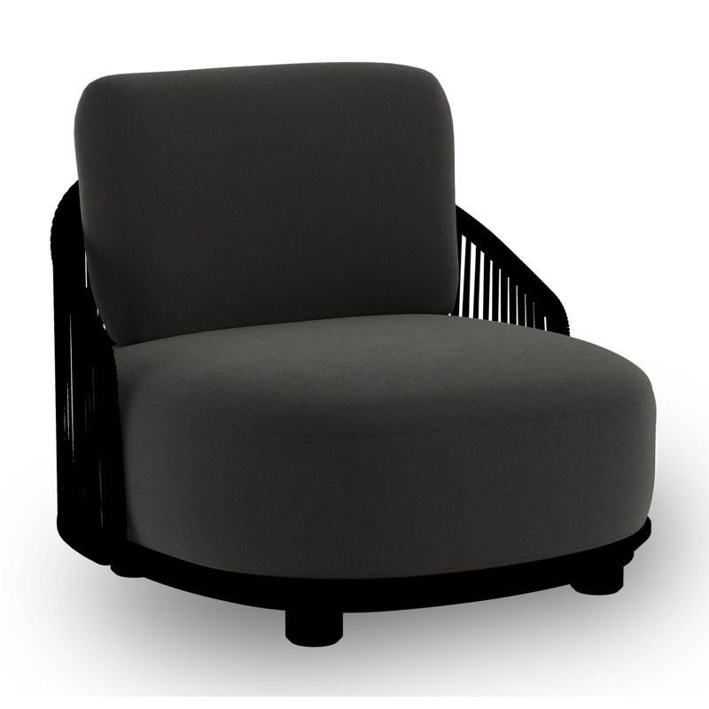 Fauteuil de jardin Vadelo en aluminium noir et corde ronde tissée verticalement noir et coussins en all weather sunbrella® luxe natte sooty