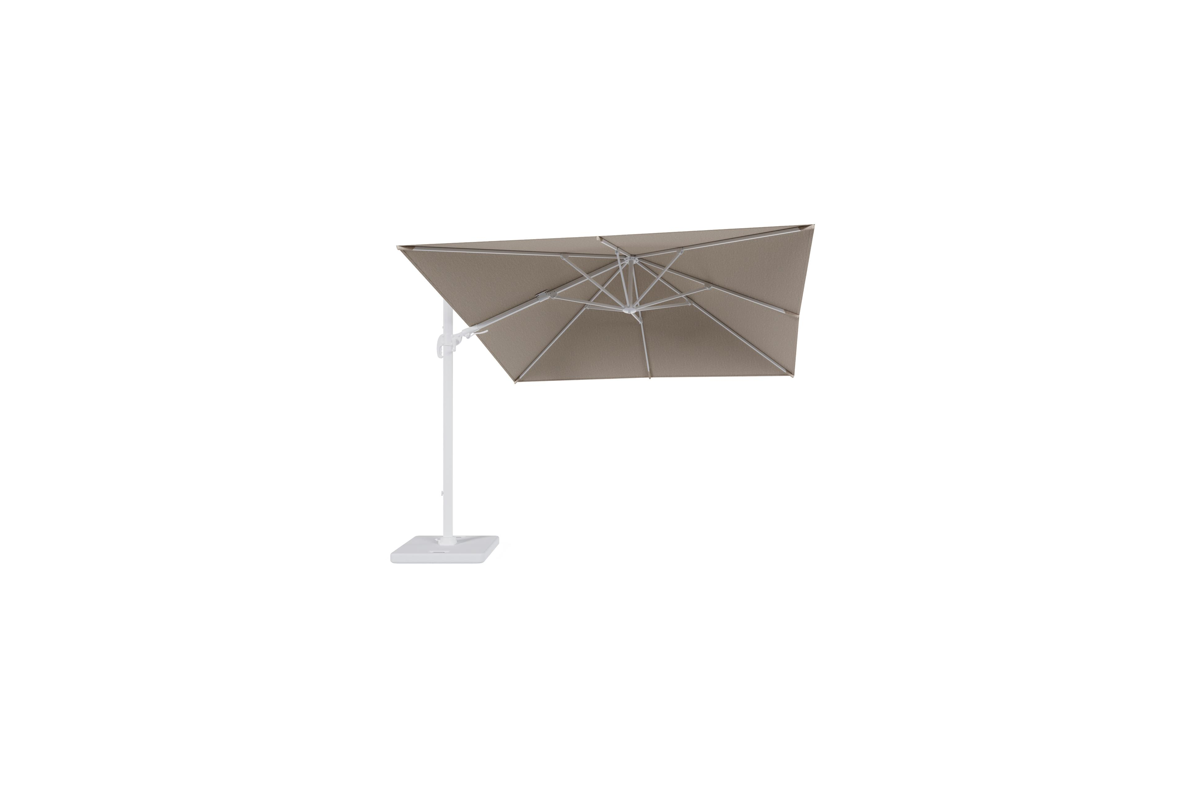 Avola zweefparasol met tiltfunctie in wit aluminium en natural Weather+ Softtouch parasoldoek - L1 300 x L2 300 cm met parasolvoet Pedito 120 kg