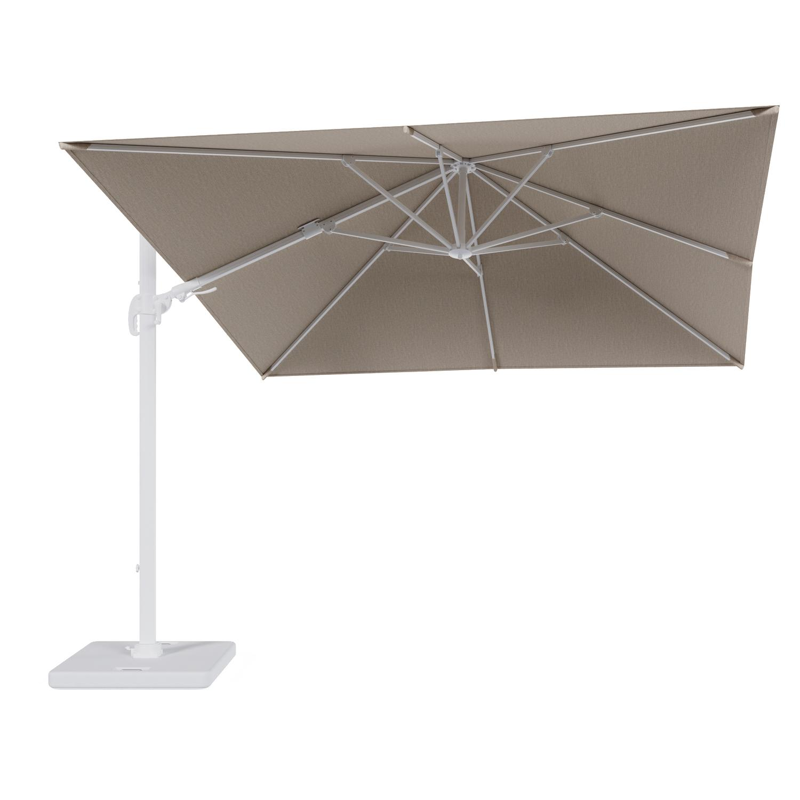 Avola zweefparasol met tiltfunctie in wit aluminium en natural Weather+ Softtouch parasoldoek - L1 300 x L2 300 cm met parasolvoet Pedito 120 kg