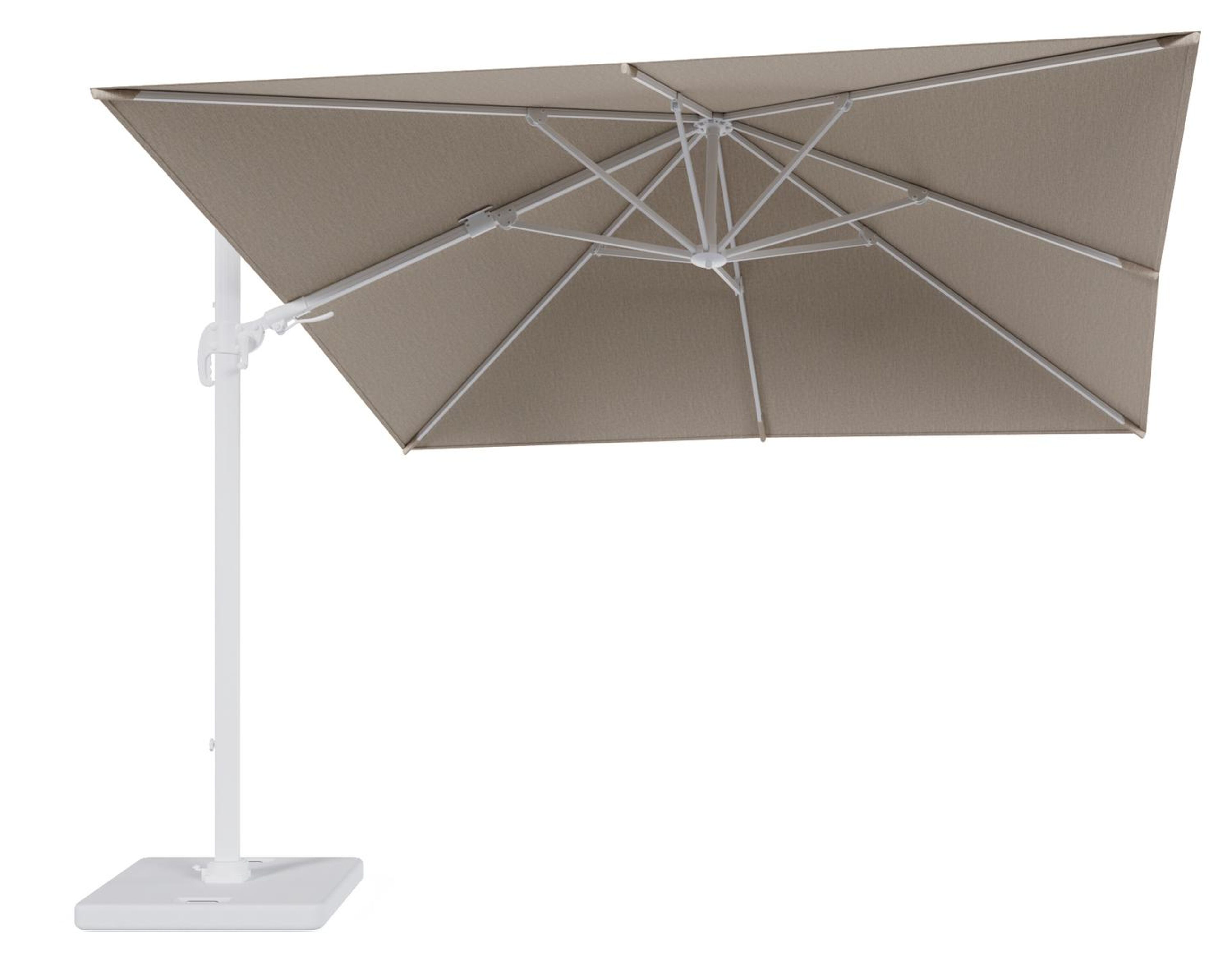 Avola zweefparasol met tiltfunctie in wit aluminium en natural Weather+ Softtouch parasoldoek - L1 300 x L2 300 cm met parasolvoet Pedito 120 kg