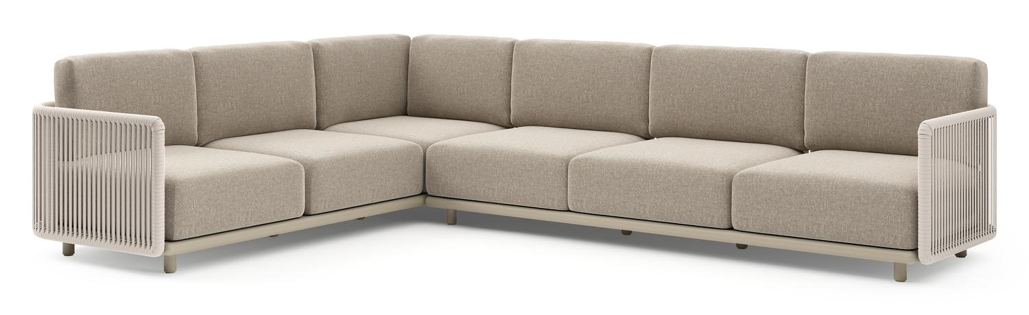 Organo loungehoek in beige aluminium en beige verticaal geweven luxe vlakke rope met chartres pewter all weather Sunbrella® luxe kussen