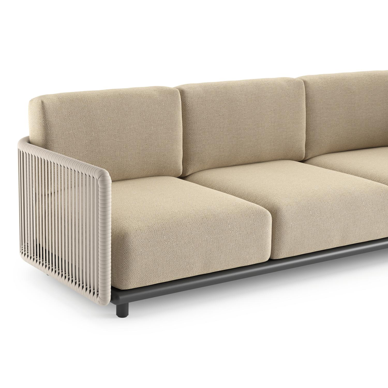 Organo loungebank in zwart aluminium en beige verticaal geweven luxe vlakke rope met althea camel all weather Cosytica kussen