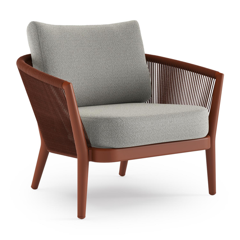 Orso loungestoel in roestbruin aluminium en roestbruin verticaal geweven ronde rope met Savane Tunder all weather sunbrella® luxe kussen