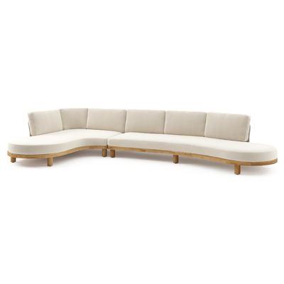 Donato loungehoek in teak en beige verticaal geweven ronde rope met all weather cosytica Althea Off White kussen