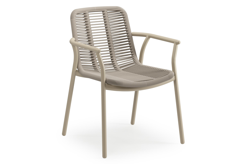 Mira tuinset in beige aluminium en teak met 8 stapelbare Berga tuinstoelen