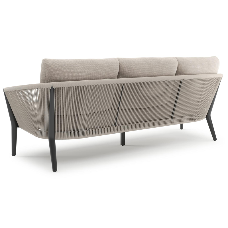 Orso loungebank in zwart aluminium en beige verticaal geweven ronde rope met Slow Farafra all weather sunbrella® luxe kussen