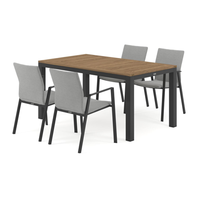 Ensemble de jardin Varese en aluminium noir avec plateau de table en teck naturel et 4 chaises de jardin empilables Madura