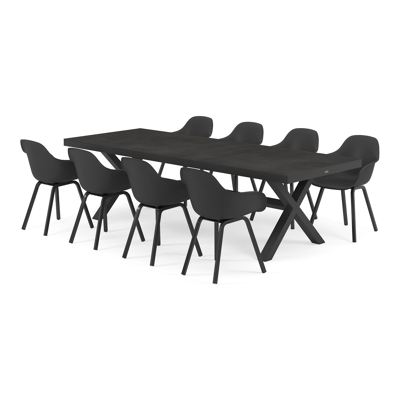 Ensemble de jardin Reza en aluminium noir avec plateau de table en céramique pleine noir et 8 chaises de jardin Puglia