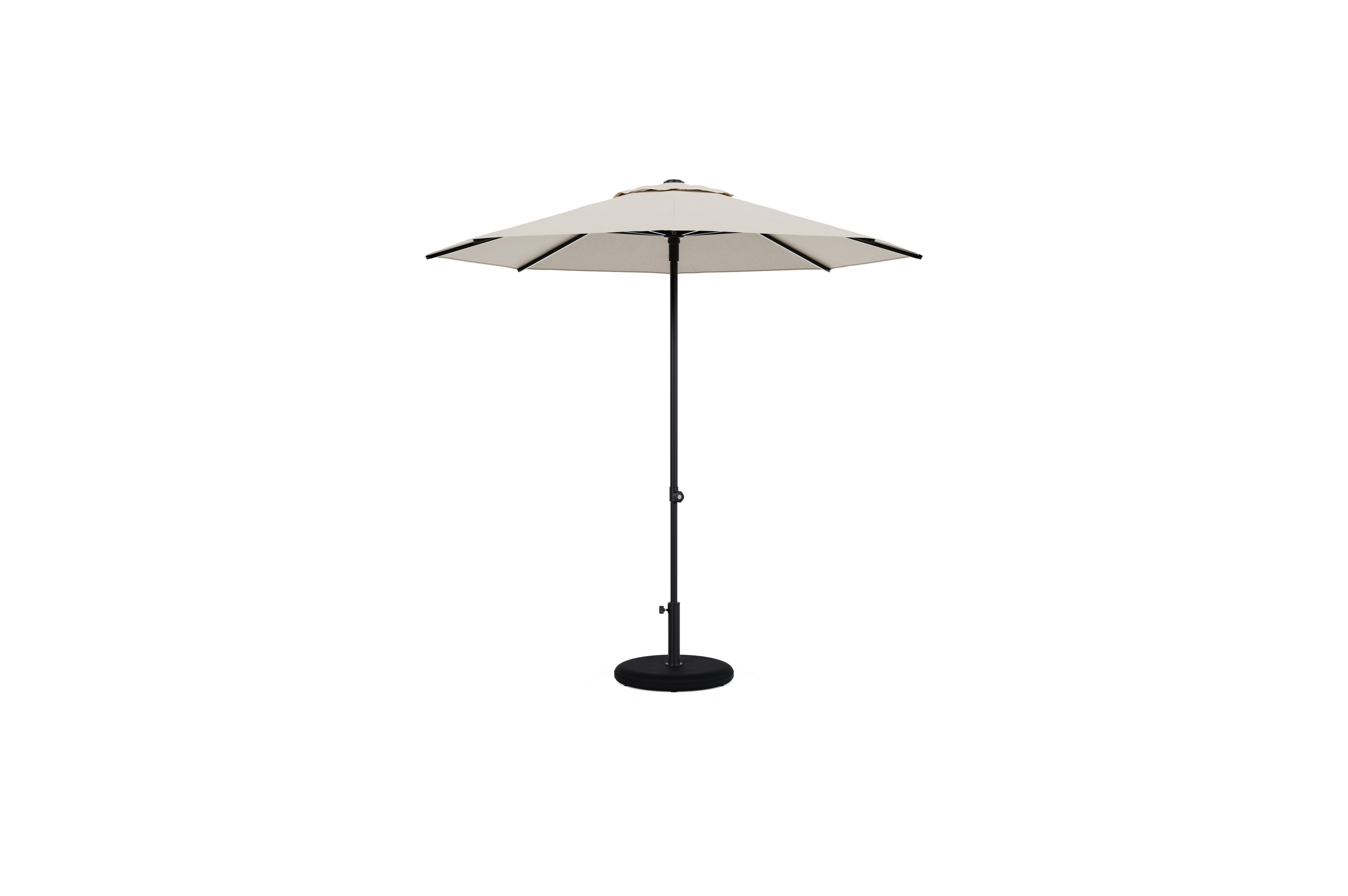 Umbria staanparasol in zwart aluminium met beige all weather sunbrella® premium parasoldoek - Dia. 250 cm met parasolvoet Plana 40 kg