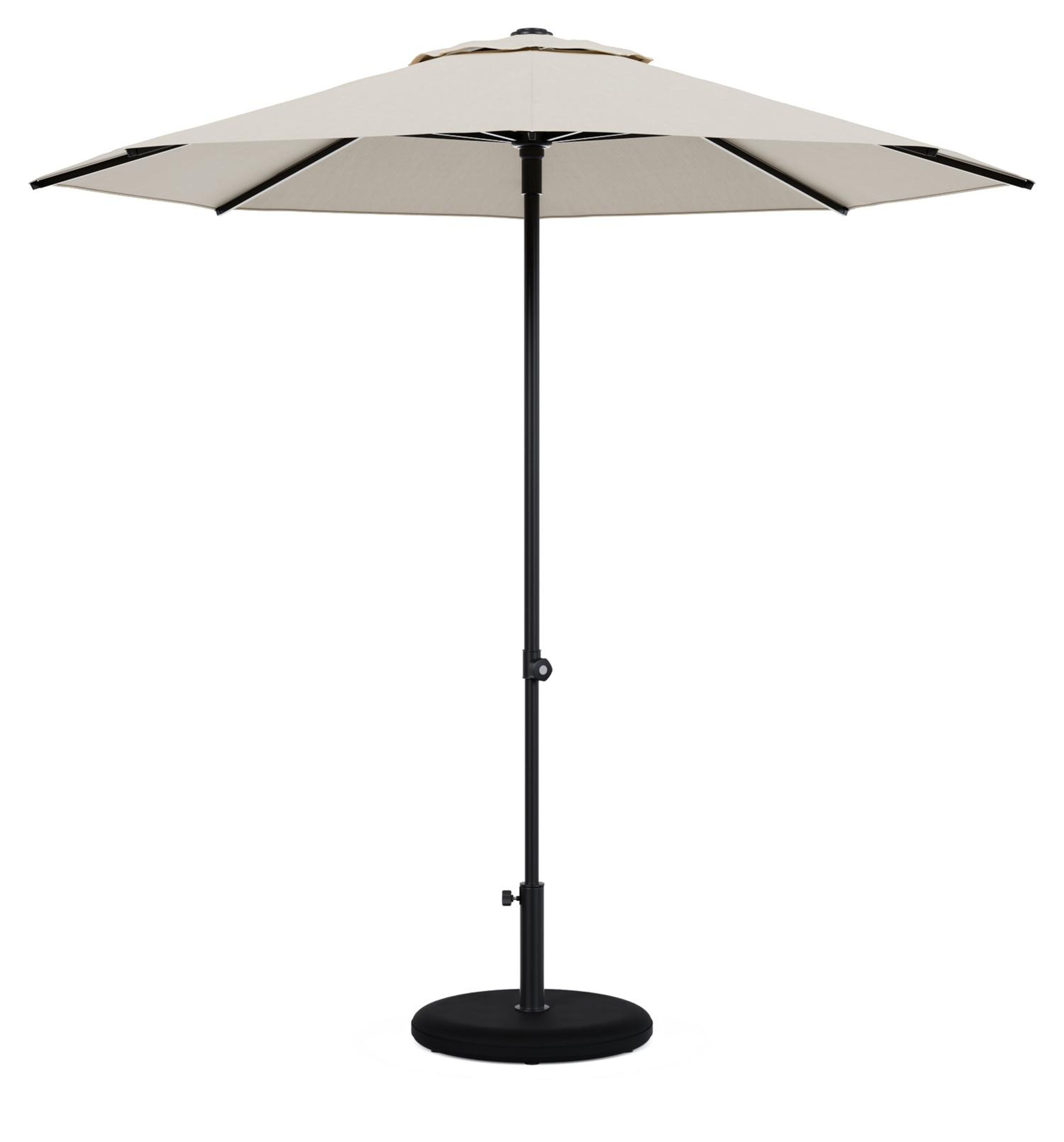 Umbria staanparasol in zwart aluminium met beige all weather sunbrella® premium parasoldoek - Dia. 250 cm met parasolvoet Plana 40 kg