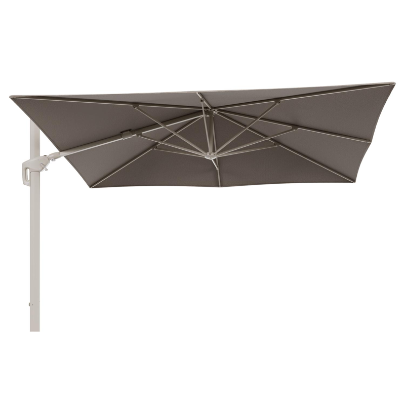 Minore zweefparasol met tiltfunctie in beige aluminium en Firenze Earth All Weather Solica parasoldoek - L1 280 x L2 370 cm (zonder voet)