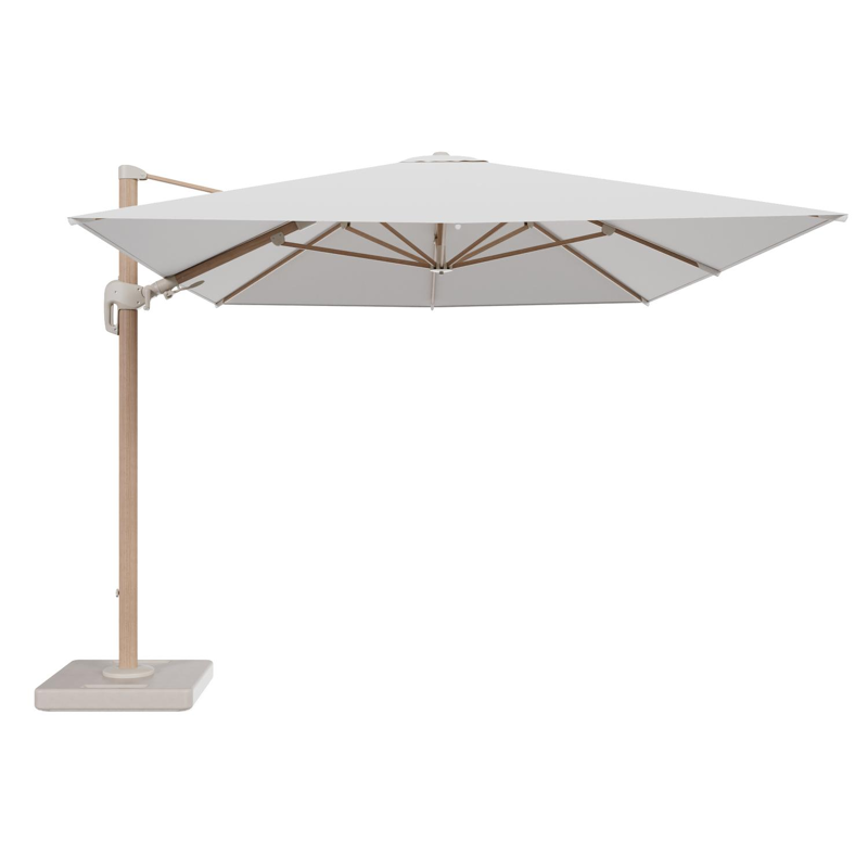 Rufina zweefparasol tiltfunctie in houtlook aluminium en parasoldoek in All Weather Solica Soul Optik - L1 400 x L2 300 cm met parasolvoet Lapido 160 kg